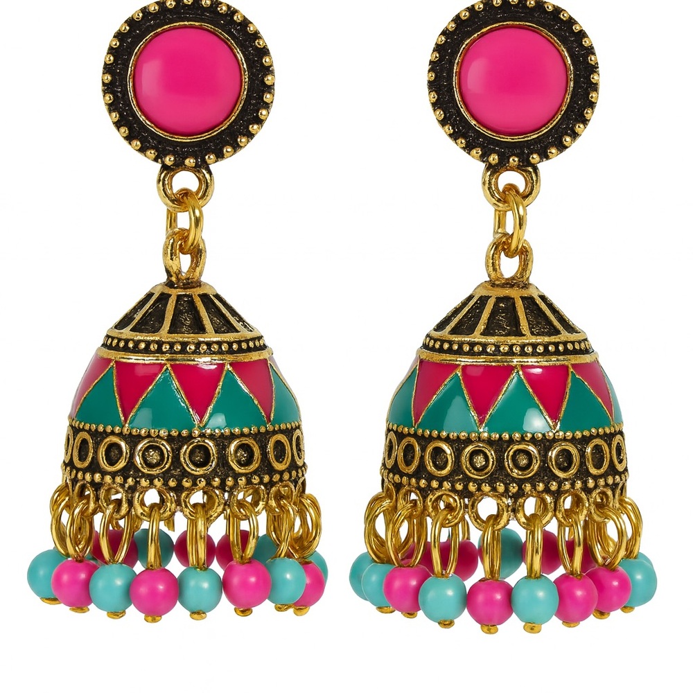 Gold and Pink Jhumka Earrings